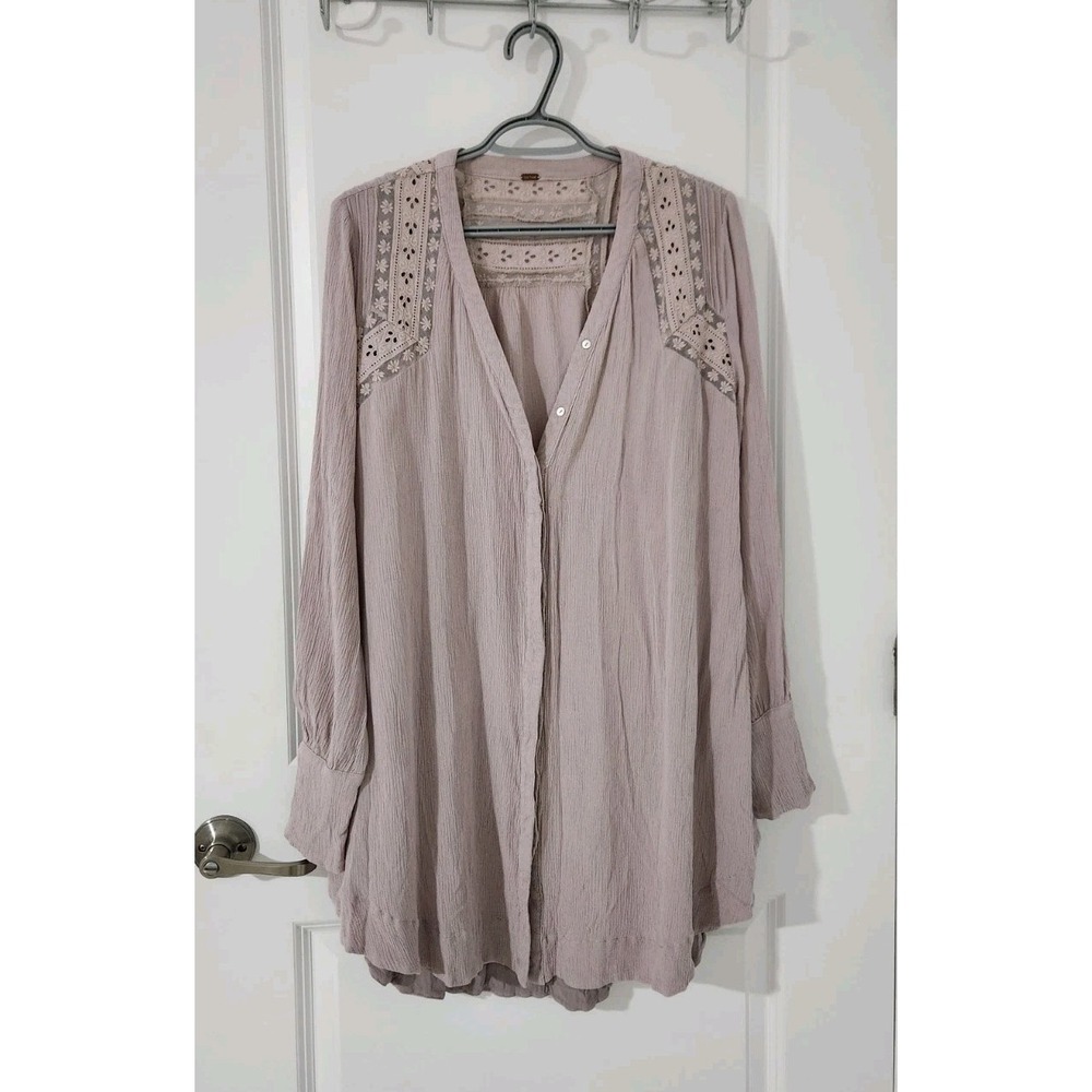 FREE PEOPLE Courtney Victorian Shirt Dress Eyelet Lace High‎ Low Boho Size S - Picture 2 of 14